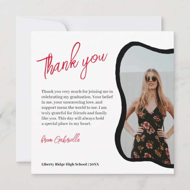 Graduation trendy wavy frame photo Thank You Card (Front)