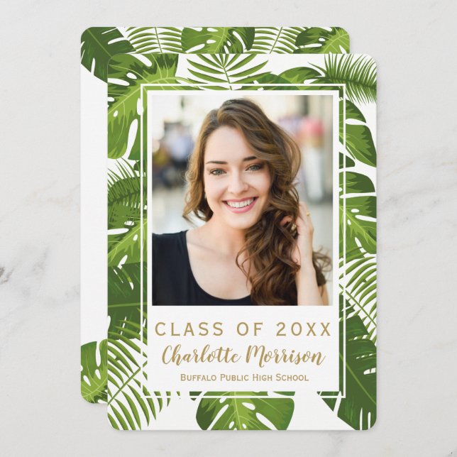 Graduation tropical green gold photo invitation (Front/Back)