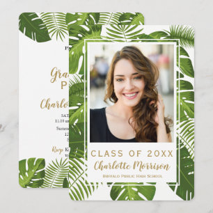 Graduation tropical green gold photo invitation