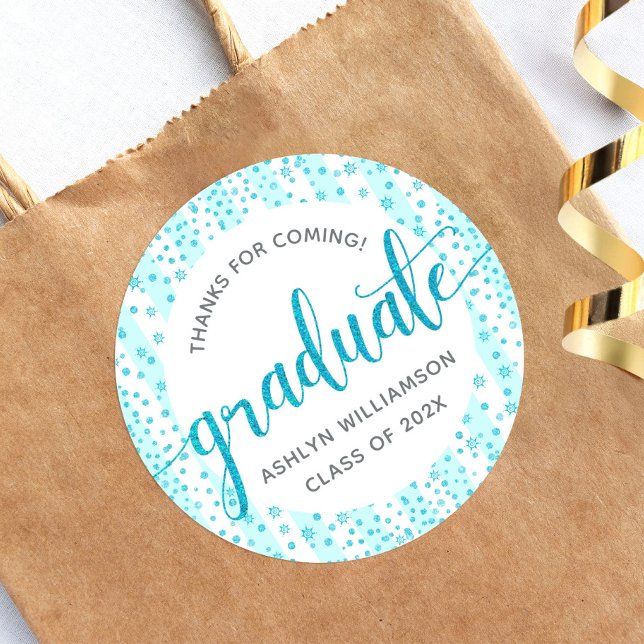 Graduation Turquoise Blue Glitter Confetti Script  Classic Round Sticker (Creator Uploaded)