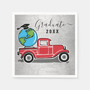 Graduation Vintage Red Truck Grad Cap World Globe Napkin