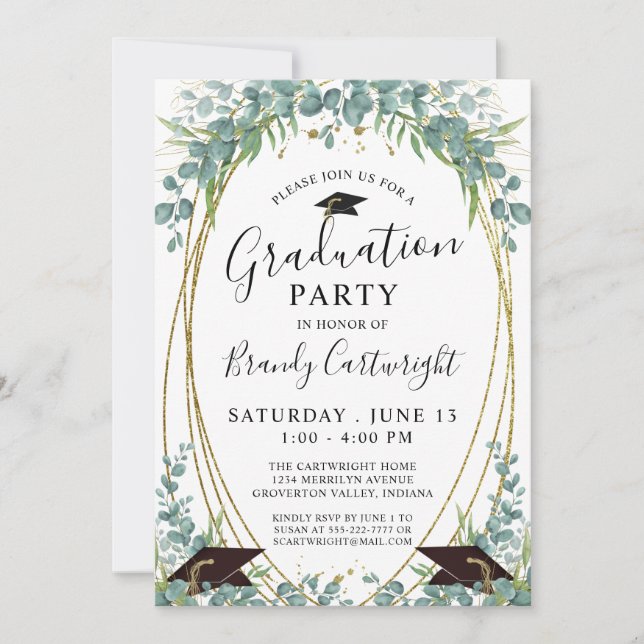 Graduation Watercolor Eucalyptus Script Gold Frame Invitation (Front)