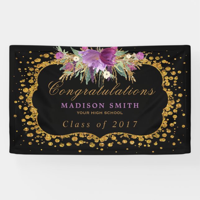 Graduation Watercolor Glitter Flower Gold Confetti Banner (Horizontal)