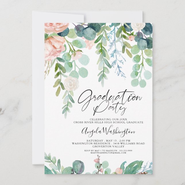 Graduation Watercolor Greenery Chic Script Party Announcement (Front)