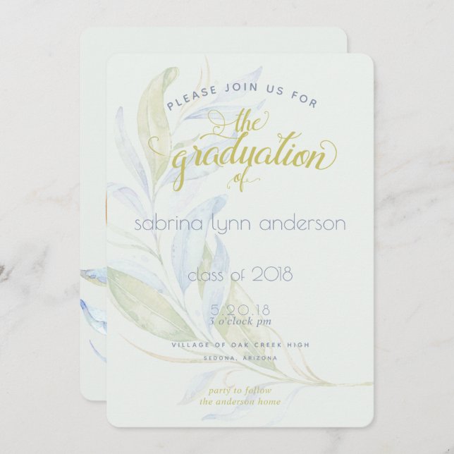 Graduation Watercolor Modern Boho Leafy Branches Invitation (Front/Back)