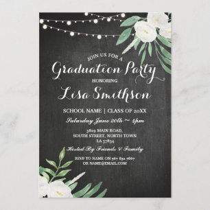 Graduation White Flowers Lights Chalk Invite