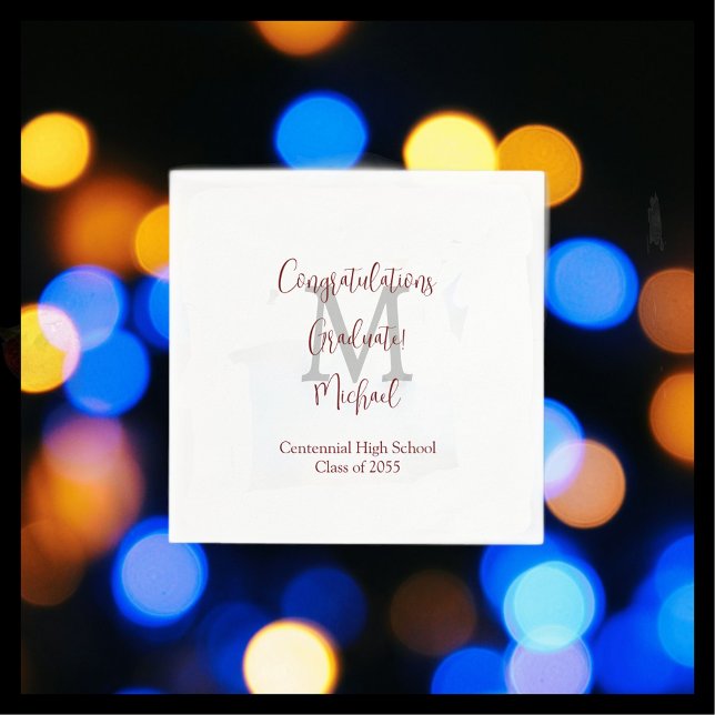 Graduation White Grey Burgundy Name Monogram  Napkin (Creator Uploaded)