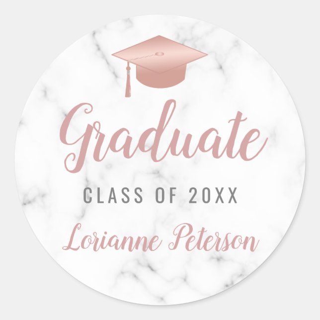 Graduation White Marble Rose Gold Grad Cap Classic Round Sticker (Front)
