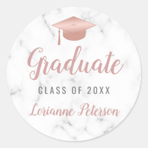Graduation White Marble Rose Gold Grad Cap Classic Round Sticker