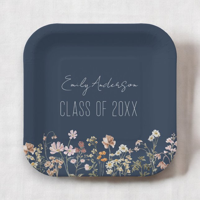 Graduation Wildflower Navy Blue Grad Modern Paper Plate (Creator Uploaded)