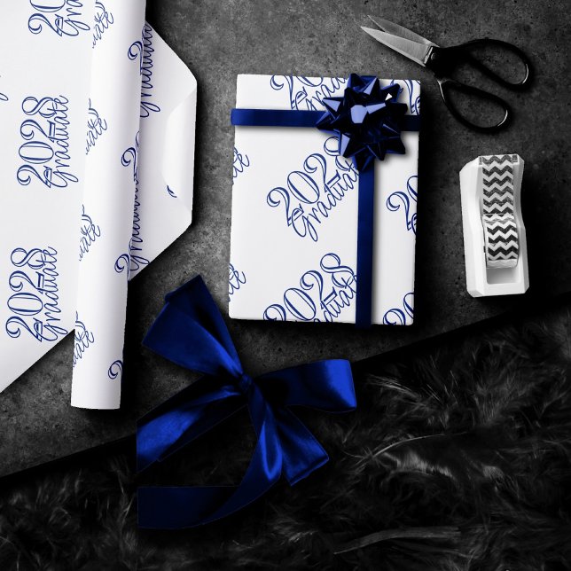 Graduation Year | Basic White on Blue Celebration Wrapping Paper (Creator Uploaded)