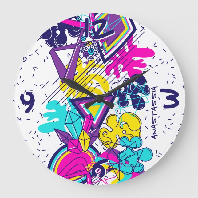 Graffiti abstract colourful pattern with your NAME Large Clock (Front)