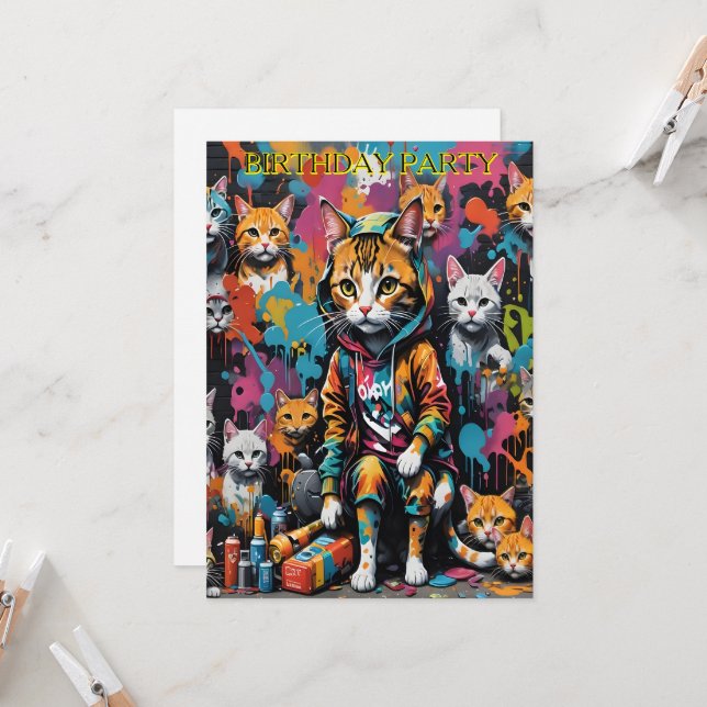 Graffiti Artist Street Cat 40th Birthday Invitation (Front/Back In Situ)