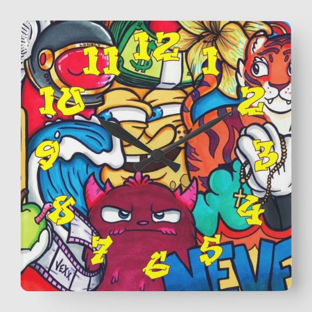 Graffiti Background w/Graffiti Numbers-14 Square Wall Clock (Front)