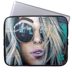 Graffiti Blonde Girl with Round Sunglasses Monogra Laptop Sleeve