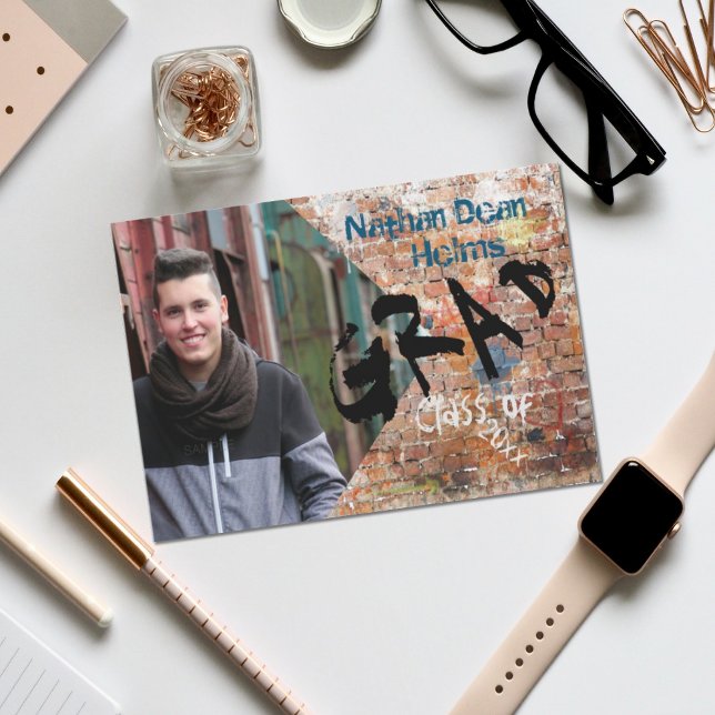 Graffiti Brick Wall Grad Announcement Photo Card (Creator Uploaded)