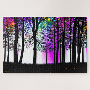 Graffiti Coloured Sky Over Black Silhouette Forest Jigsaw Puzzle