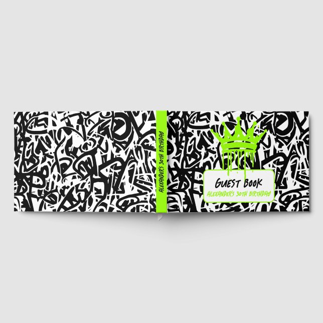 Graffiti Crown Black Green Birthday Guest Book (Full)
