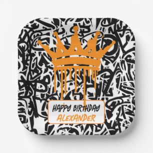 Graffiti Crown Black Orange Happy Birthday Paper Plate