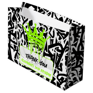 Graffiti Crown Green Black Birthday Thank you Large Gift Bag