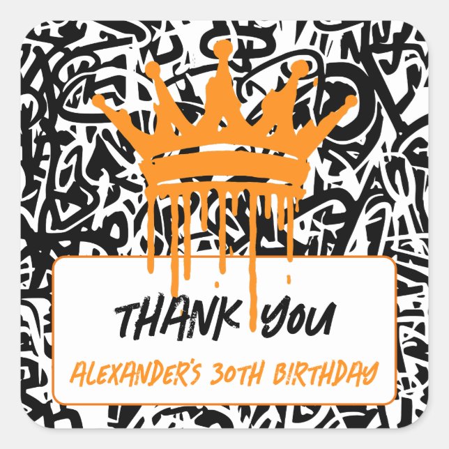 Graffiti Crown Orange Black Thank You Square Sticker (Front)