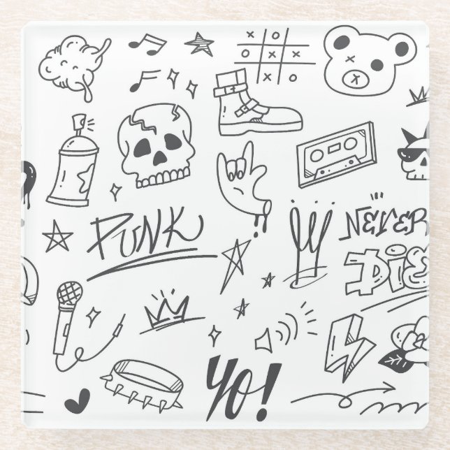 Graffiti Doodles: Punk Music Scribble Glass Coaster (Front)