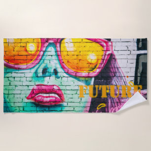 Graffiti Future Is Bright Neon Girl & Sunglasses Beach Towel