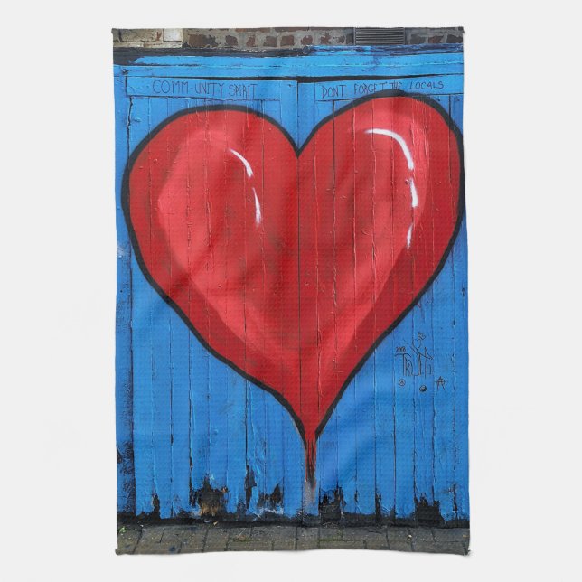 Graffiti Heart, blue wall, Valentine, kitchen Tea Towel (Vertical)