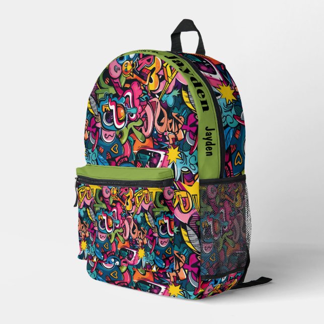 Graffiti hip hop pattern printed backpack (Back Corner Right)