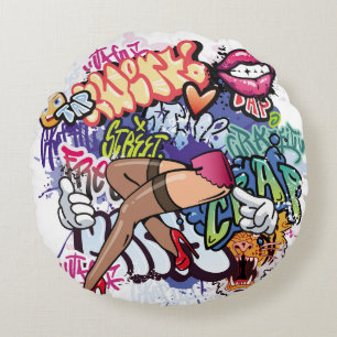 Graffiti illustration with street graffiti letters round cushion