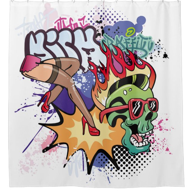 Graffiti illustration with street graffiti letters shower curtain (Front)