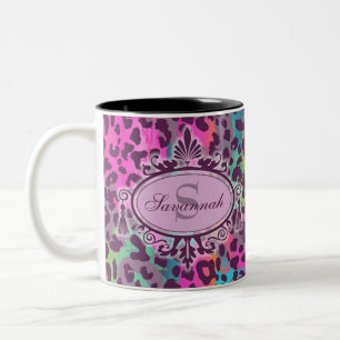 Graffiti Leopard Pattern Custom Name & Monogram Two-Tone Coffee Mug