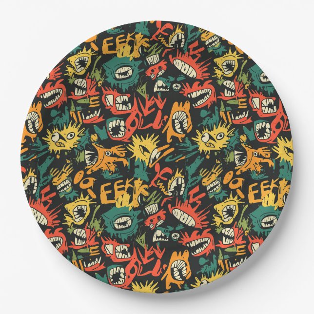 Graffiti Monster Eek Black Halloween Paper Plate (Front)