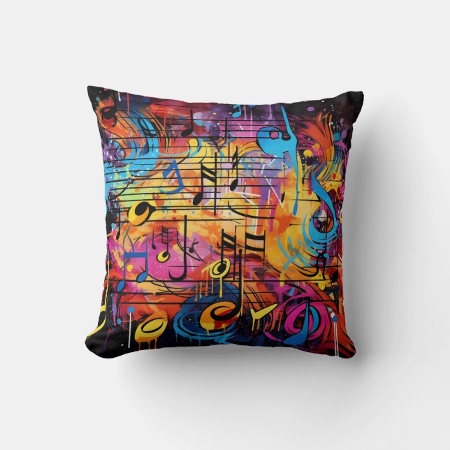 Graffiti Musical Notes Throw Pillow (Front)