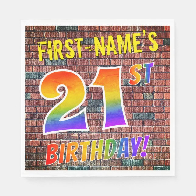 Graffiti Rainbow Look 21ST BIRTHDAY! + Custom Name Napkin (Front)