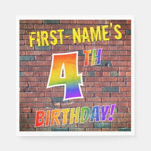 Graffiti Rainbow Look 4TH BIRTHDAY! + Custom Name Napkin (Front)