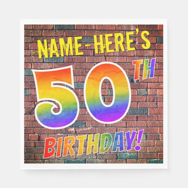 Graffiti Rainbow Look 50TH BIRTHDAY! + Custom Name Napkin (Front)