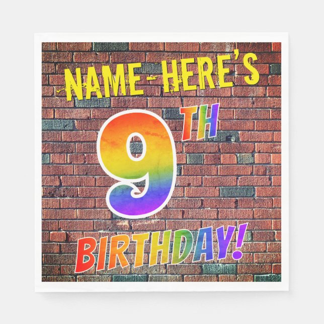Graffiti Rainbow Look 9TH BIRTHDAY! + Custom Name Napkin (Front)
