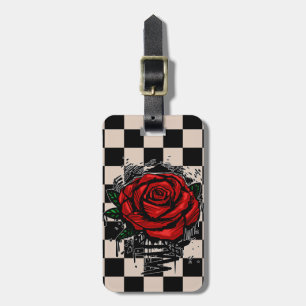 Graffiti Red Rose Beige Chequered Urban Aesthetic Luggage Tag
