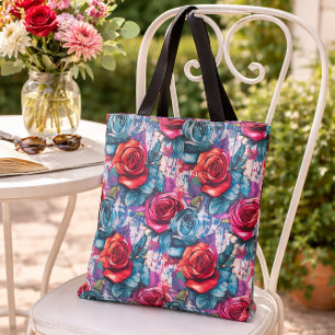 Graffiti Roses Red & Blue Urban Art Design Tote Bag