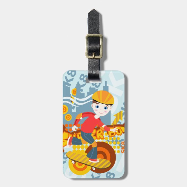 Graffiti skateboard kid birthday party luggage tag (Front Vertical)