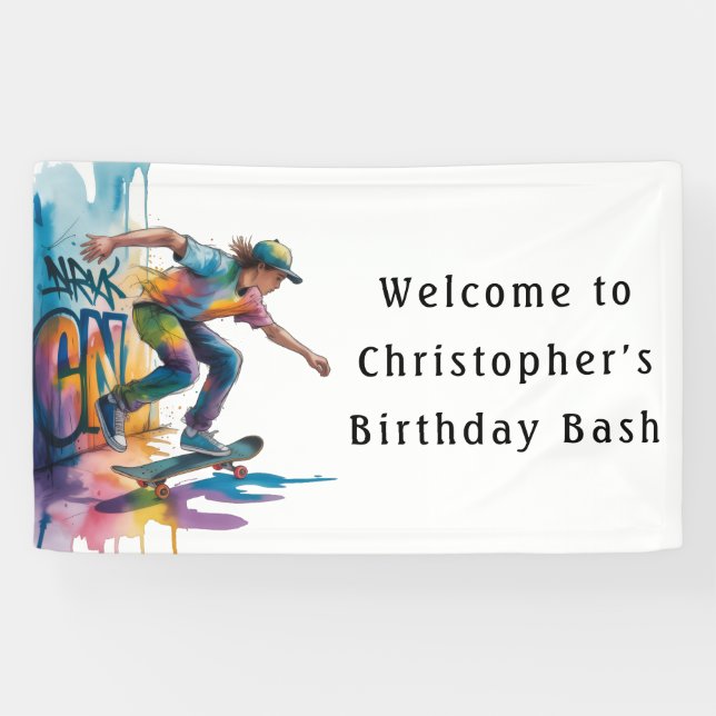 Graffiti Skateboarder Birthday Bash Welcome Sign (Horizontal)