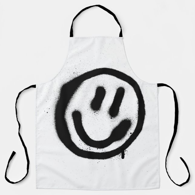 graffiti smiling face emoticon in black on whitesp apron (Front)