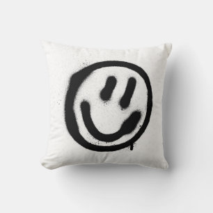 graffiti smiling face emoticon in black on whitesp cushion