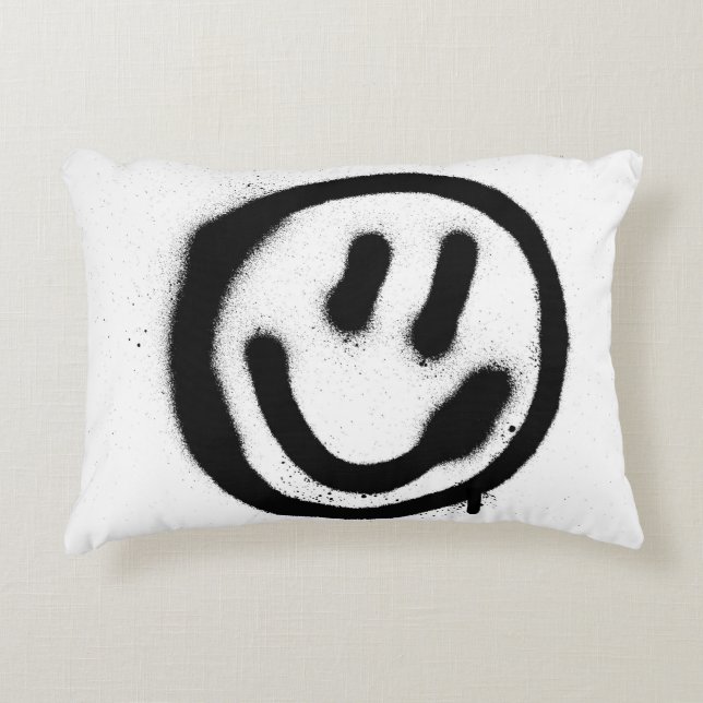 graffiti smiling face emoticon in black on whitesp decorative cushion (Front)