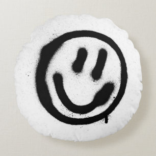 graffiti smiling face emoticon in black on whitesp round cushion