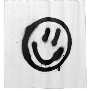 graffiti smiling face emoticon in black on whitesp shower curtain