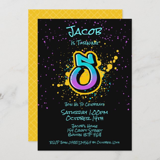 Graffiti Splatter Age Five Invitation (Front/Back)