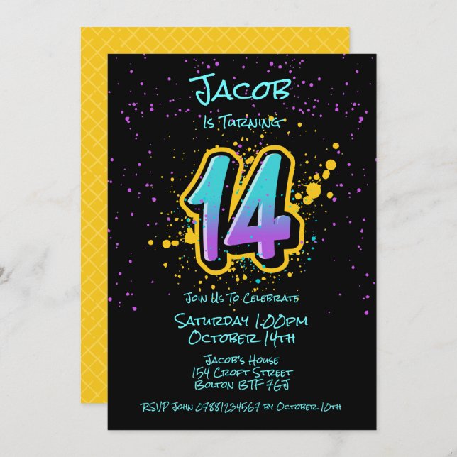Graffiti Splatter Age Fourteen Invitation (Front/Back)