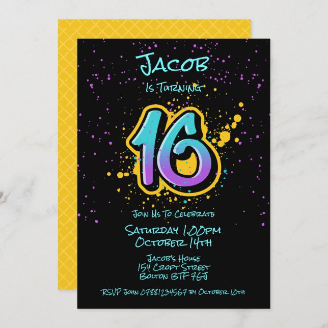 Graffiti Splatter Age Sixteen Invitation (Front/Back)
